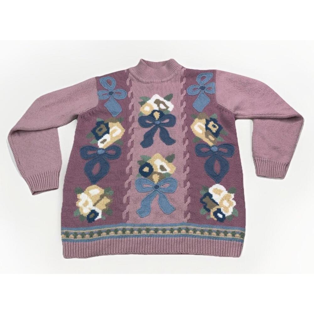 Alfred Dunner Vintage 90s Grandmacore High Neck Knit Floral Sweater Petite M